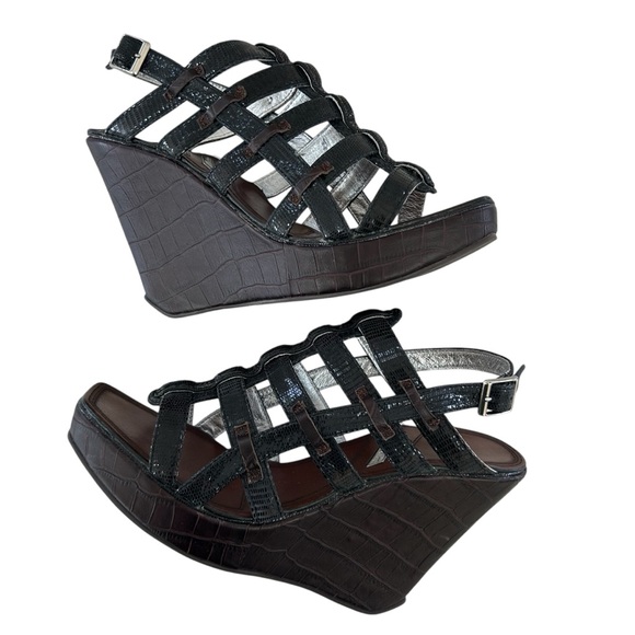 MATIKO Black + Brown Leather Wedge Strappy Sandals 8 - Picture 6 of 11